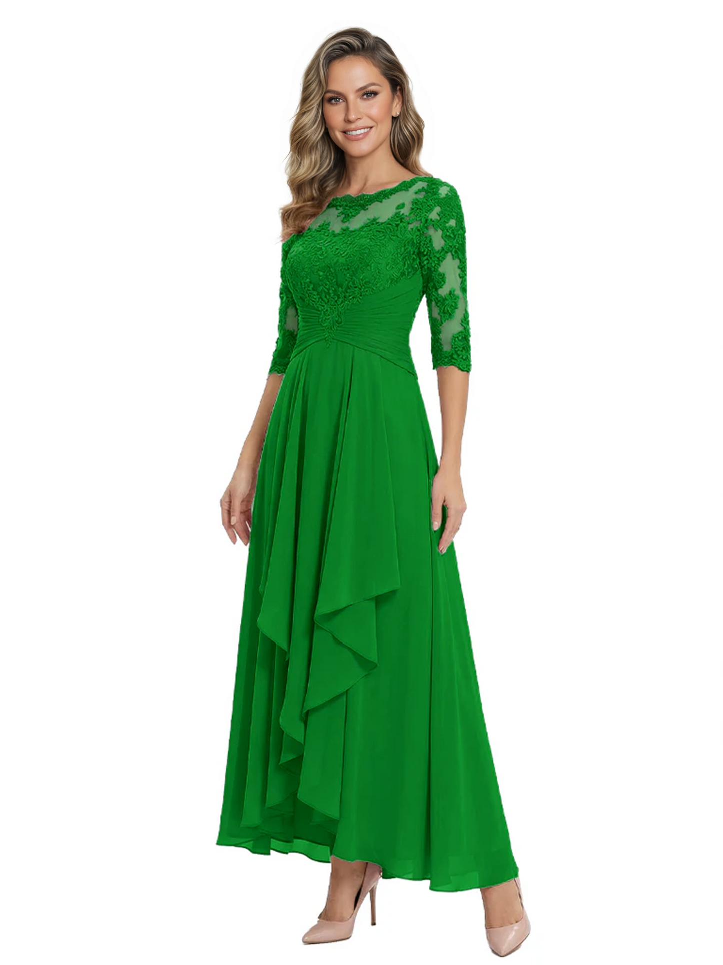 3/4 Sleeve Mother of the Bride Dress with Lace Embroidery High-Low Hem 2026