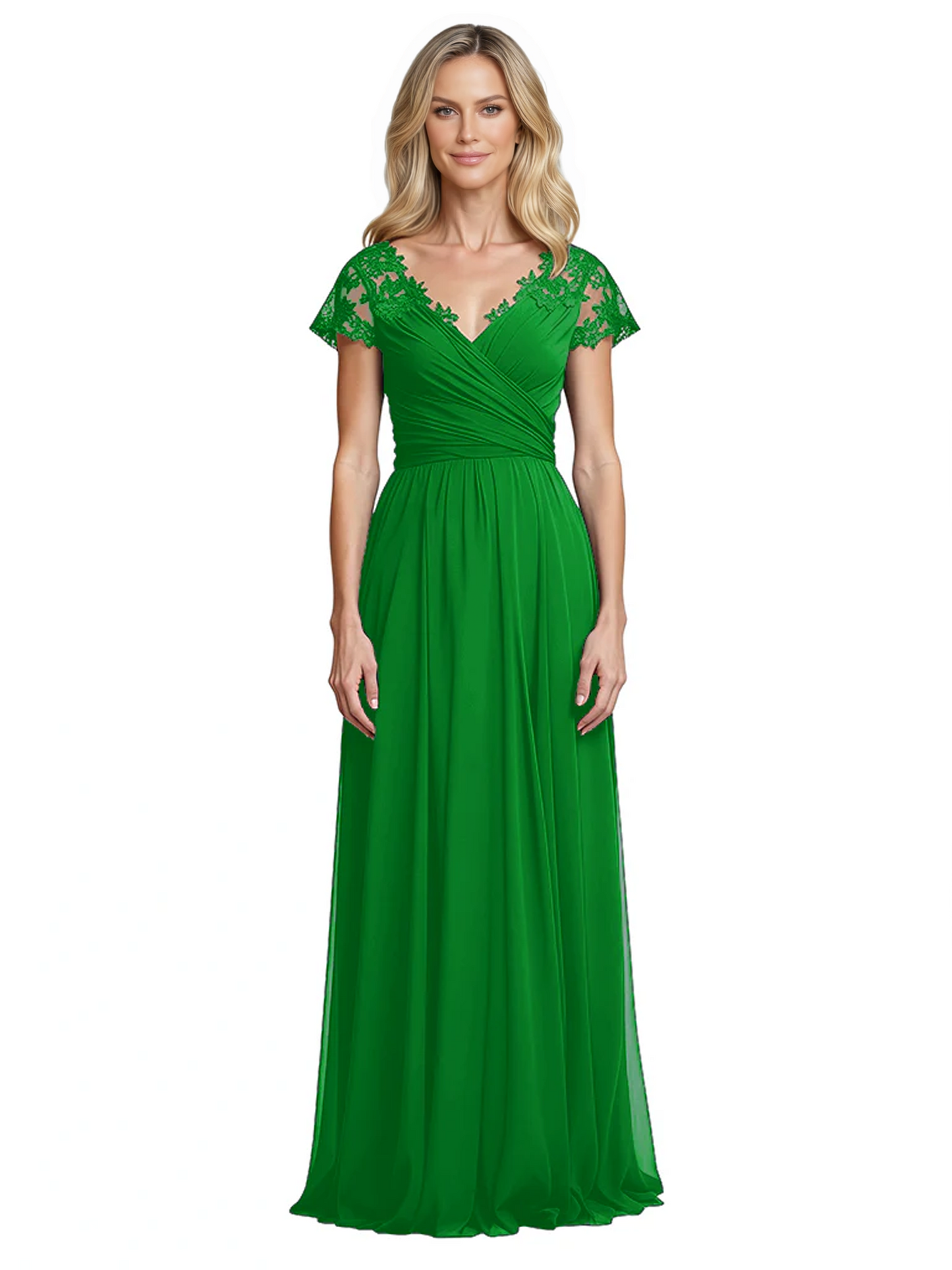 Mother of the Bride Dress Cap Sleeves and V-Neckline with Embroidered Lace Shoulders