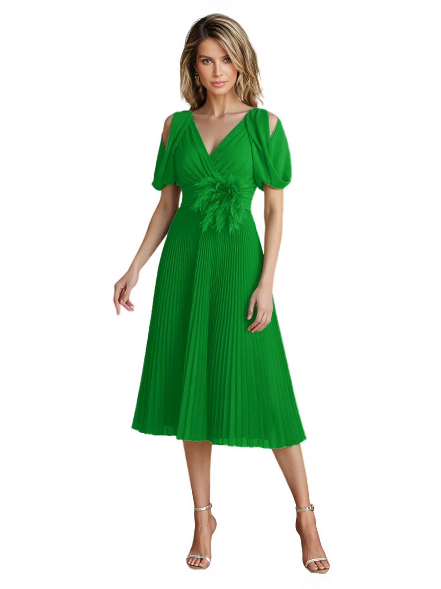 Wedding Formal Dress V-Neck Pleated Chiffon Gown with 3D Flower Accent Knee Length