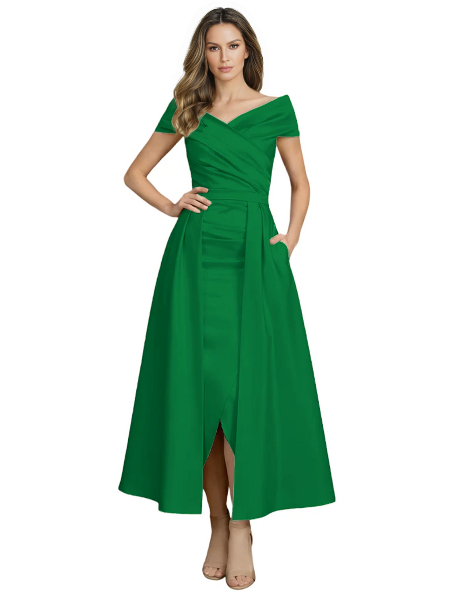 Formal Floor-Length Mother of the Bride Gown Satin Maxi Dress with Slit Off Shoulder