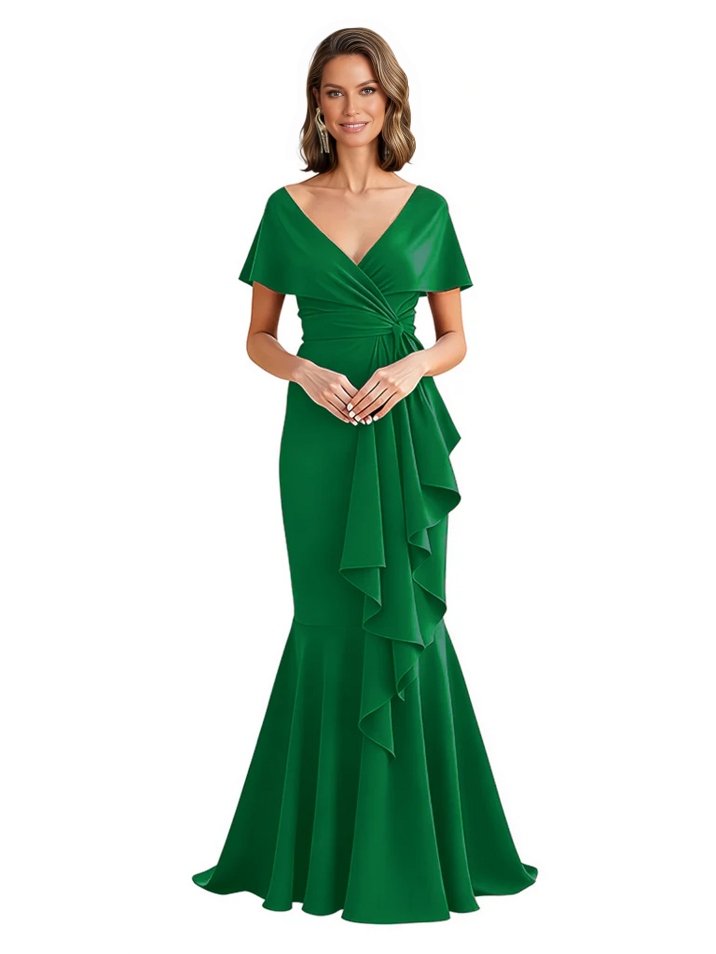 Satin Mother of the Bride Dress with Cascading Ruffles and Mermaid Tail V-Neck