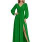 A-Line Mother of Bride Dress V-Neck Chiffon Gown Long Sleeves Slit Formal Dress