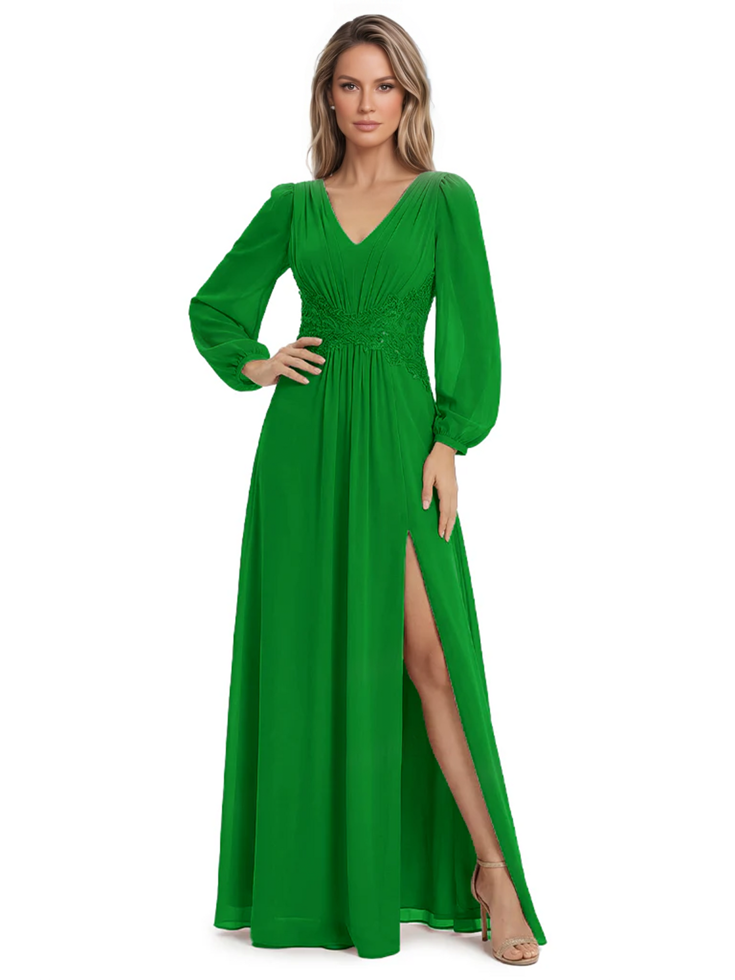 A-Line Mother of Bride Dress V-Neck Chiffon Gown Long Sleeves Slit Formal Dress