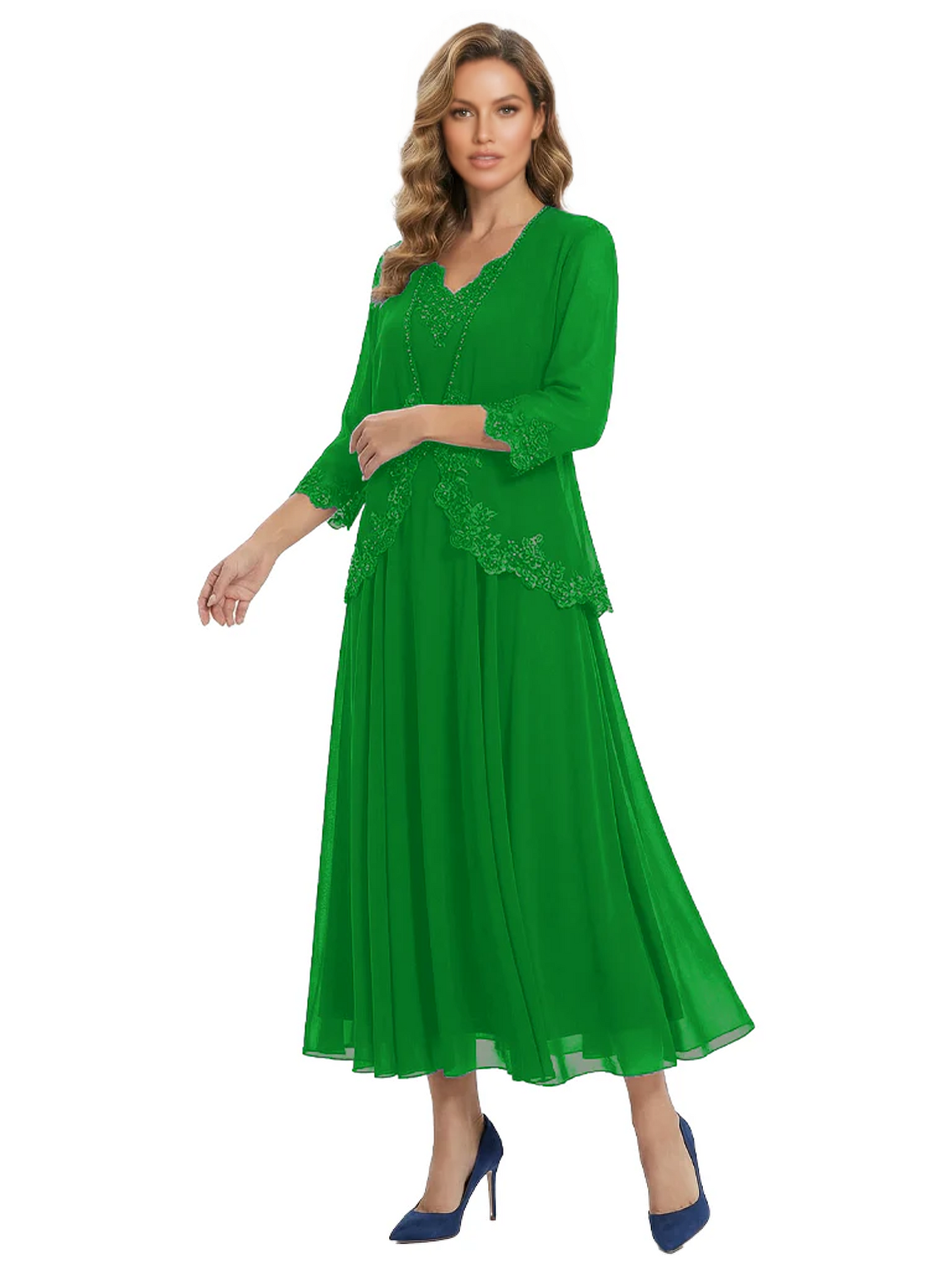 3/4 Sleeve Chiffon Mother of the Brides Dresses V-Neck Wedding Party Gowns