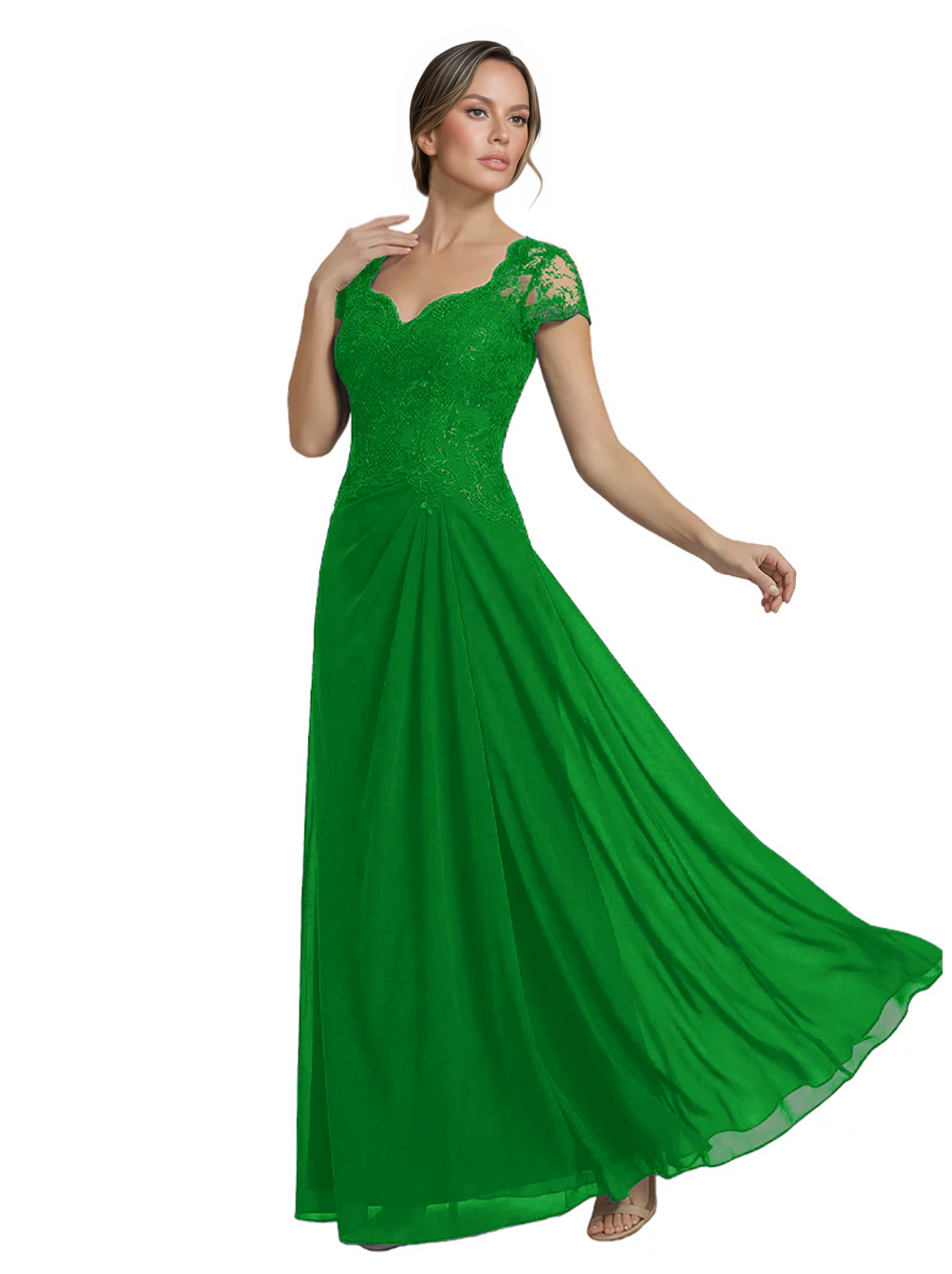 Long A-line Chiffon Short Sleeves Mother of the Brides Dresses Lace Wedding