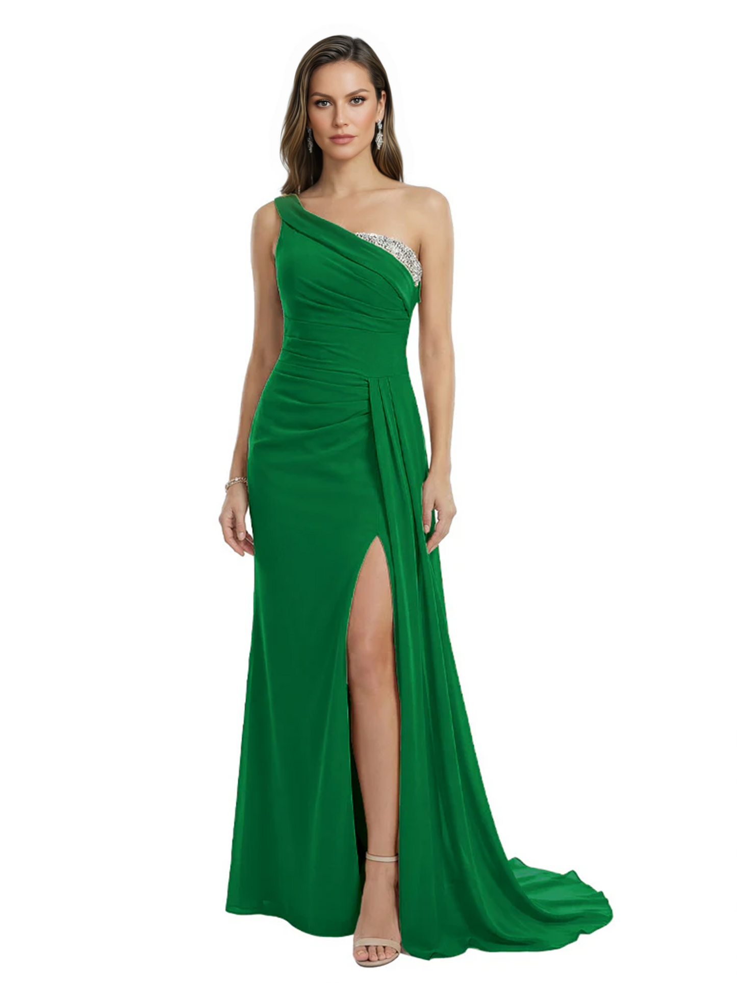 One Shoulder Mother of Bride Dress Ruffle Formal Gowns Mermaid Floor Length Train Slit