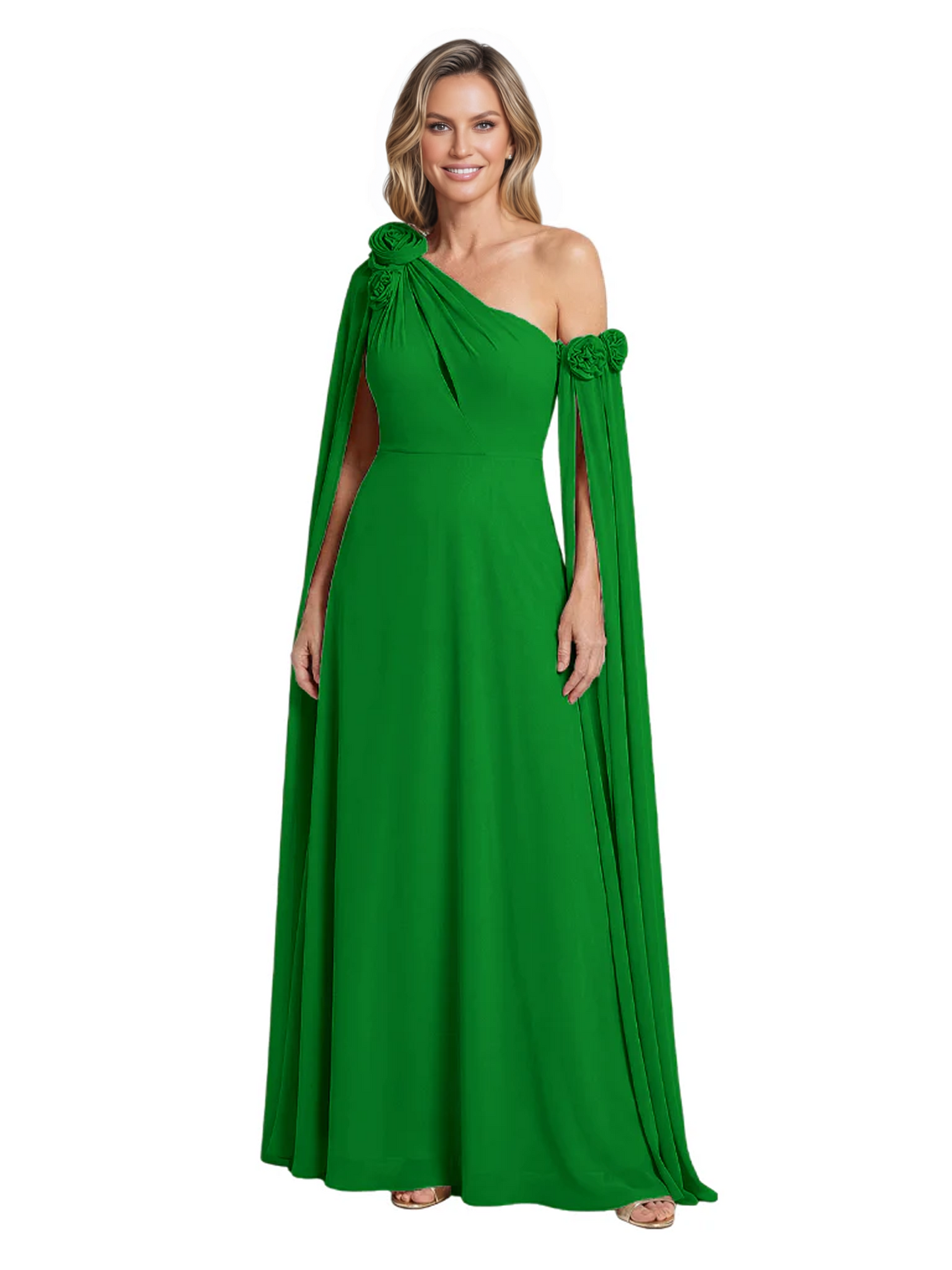 One Shoulder Mother of the Bride Dress Asymmetrical Cape Sleeve Gown with Floral