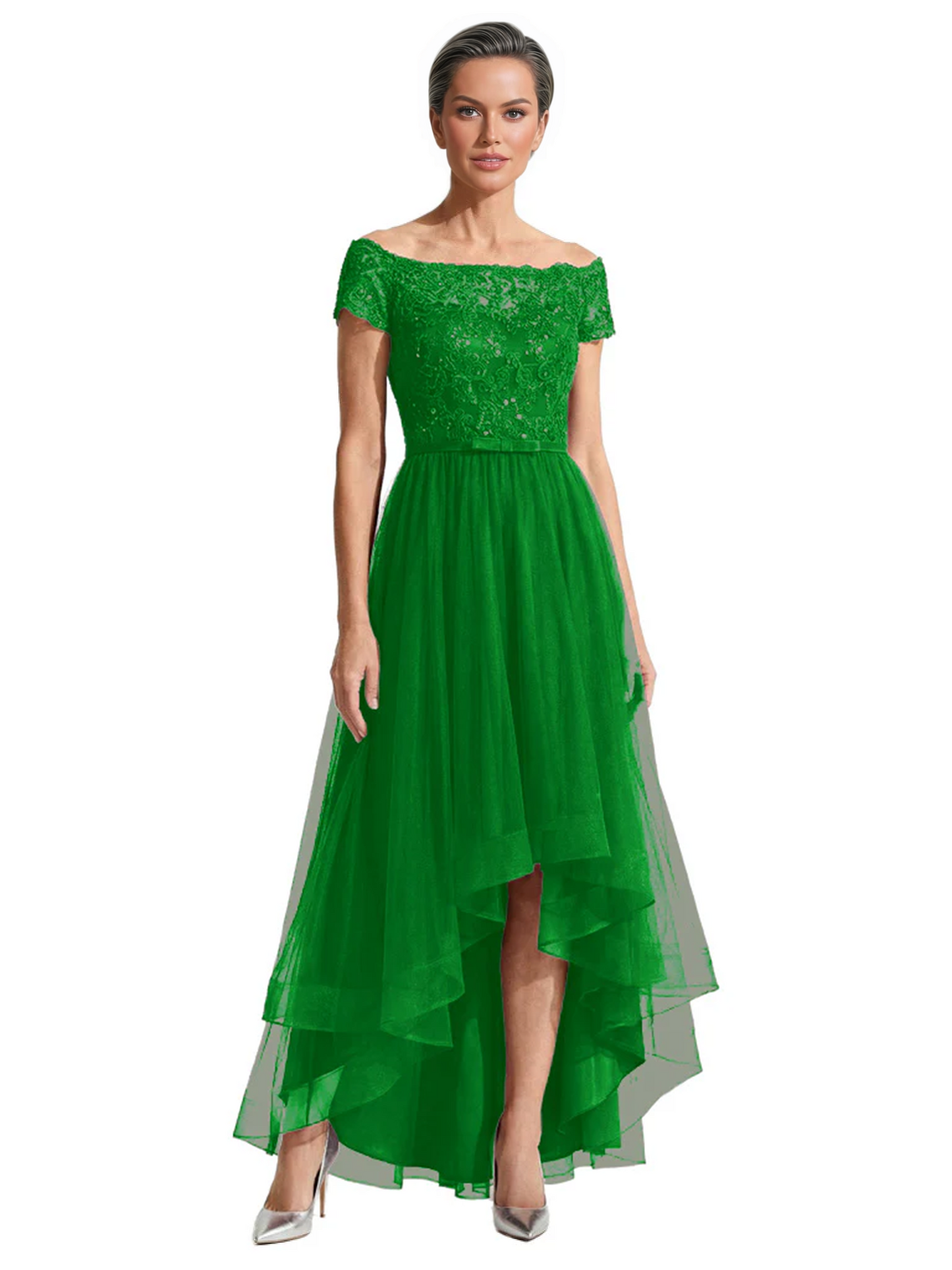 Formal High-Low Mother of the Bride Gown Short Sleeve Lace Maxi Dress with Tiered Skirt
