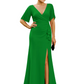 Elegant Evening Gown Trending V-Neck & Ruffle Detail Mother of Bride Outfits Slit