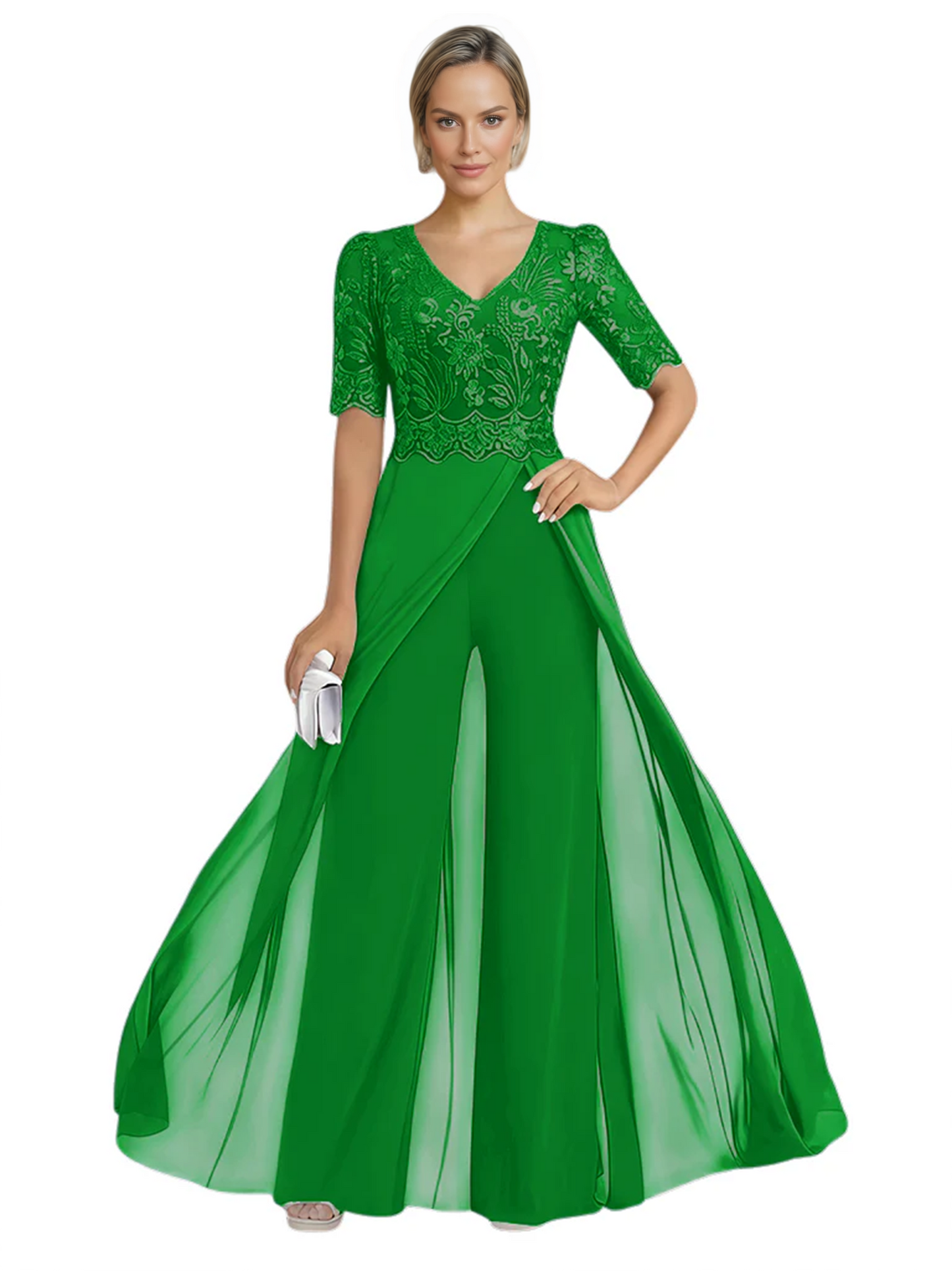 V-Neck Chiffon Mother of the Brides Jumpsuits Dresses Floor Length A-Line Lace