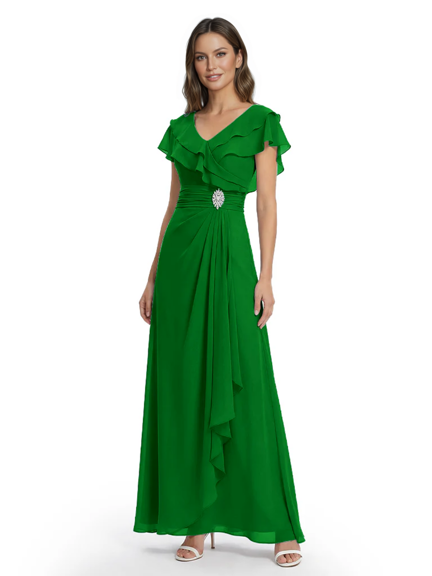 Elegant Mother of the Groom Dress Cascading Ruffle Chiffon Formal Gown Rhinestone