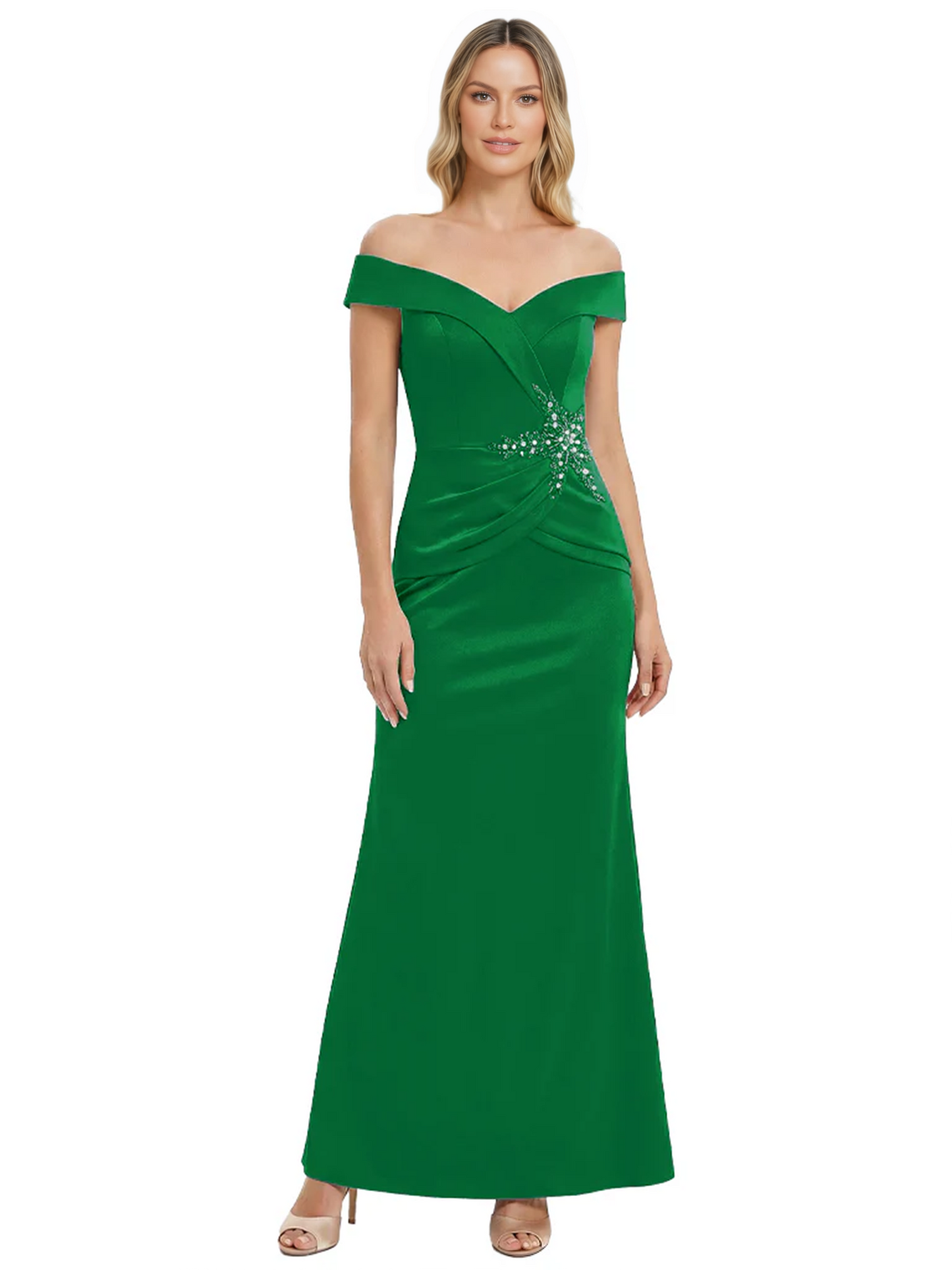 Off Shoulder Mother of the Bride Dress Beaded Waist Satin Gown Portrait Neckline