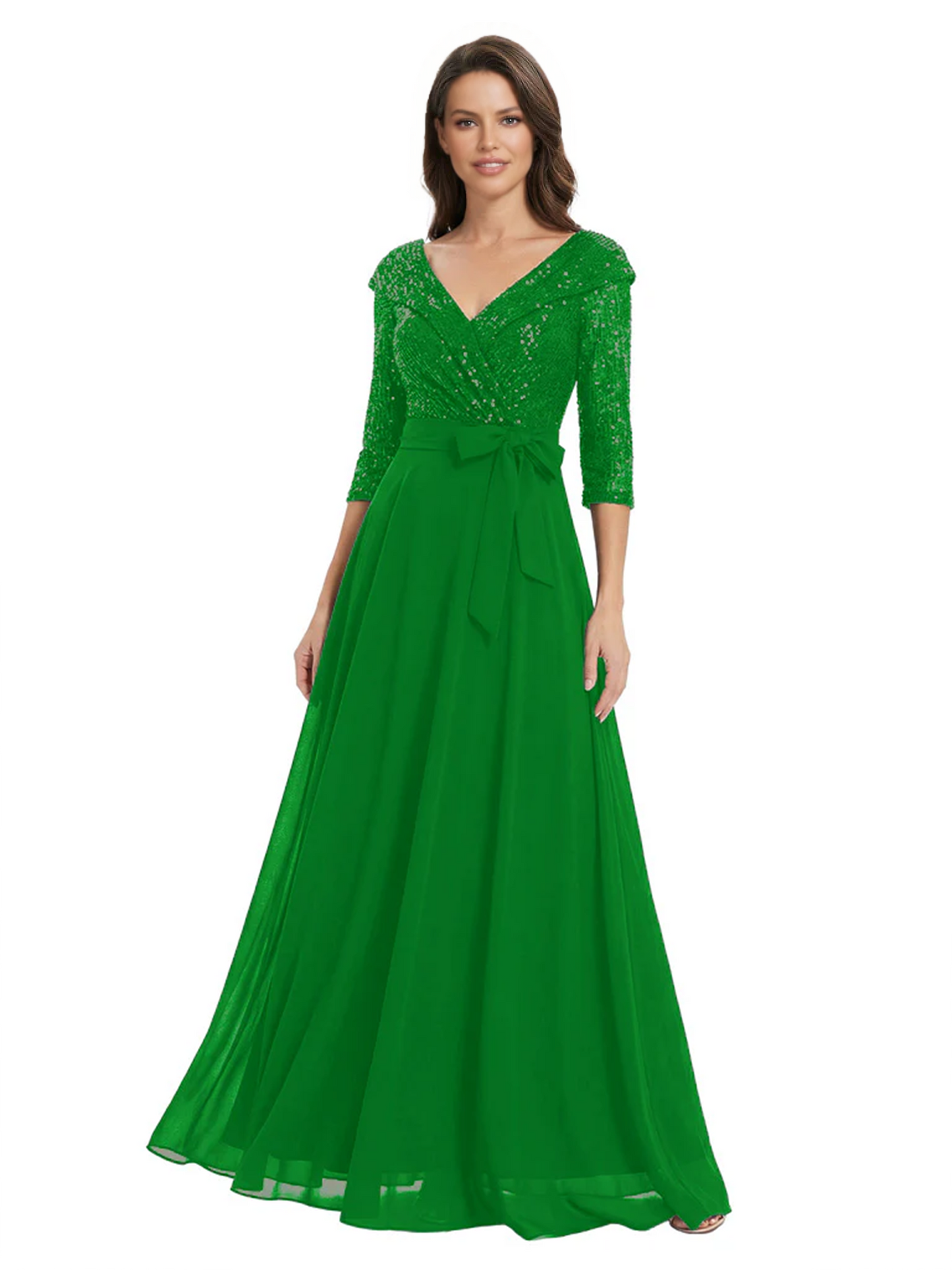 Chiffon Mother of the Bride Dress with Sequin V-Neck and Elegant Bow Sash