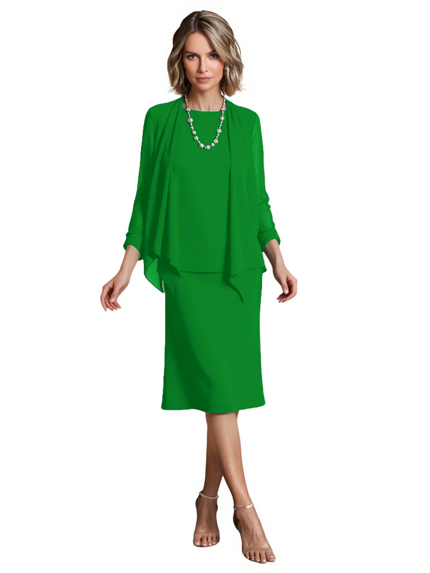 3 PCS Knee-Length Mother of Bride Dresses Prom Dress Evening Dress with Sheer Sleeves and Jacket