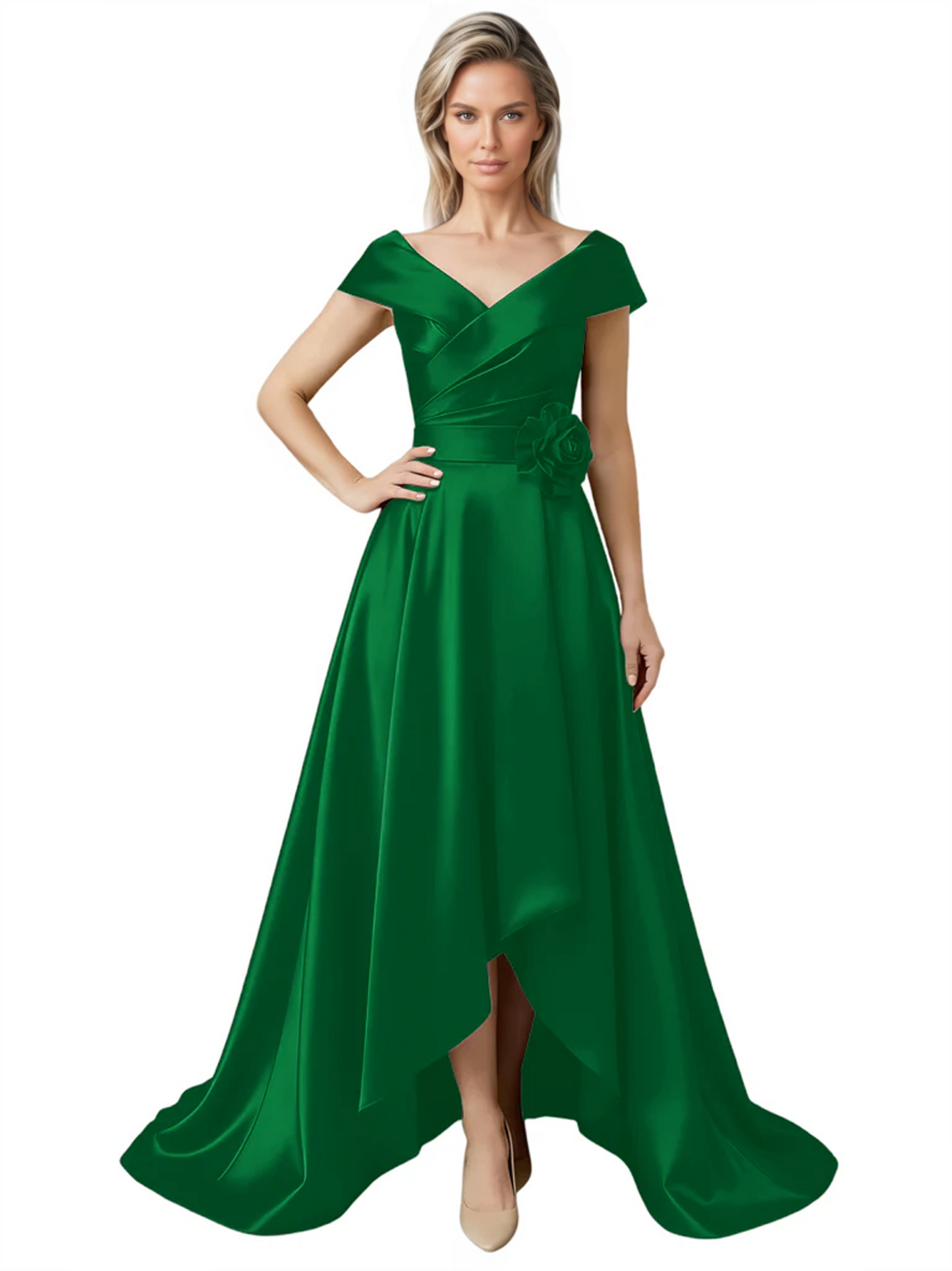 Off Shoulder Mother of the Bride Dress High-Low Satin Gown with Portrait Neckline