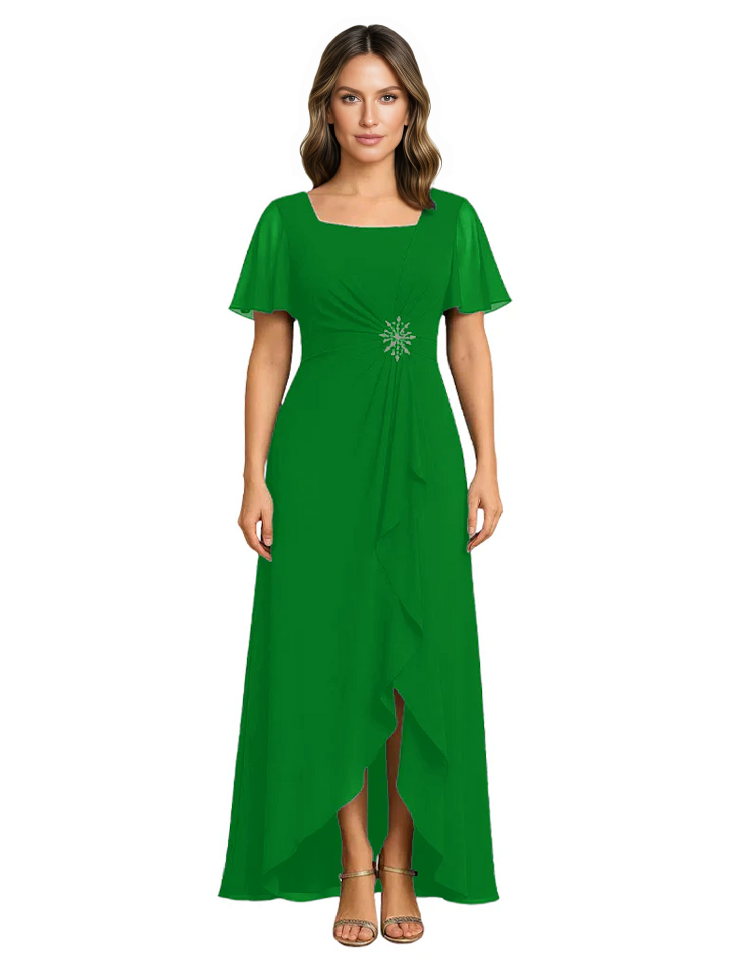 Formal High-Low Mother of the Bride Gown Sleeved Chiffon Maxi Dress Ruched Waist