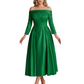 Off Shoulder Mother of the Bride Dress Tea-Length Satin Gown with Lace Applique