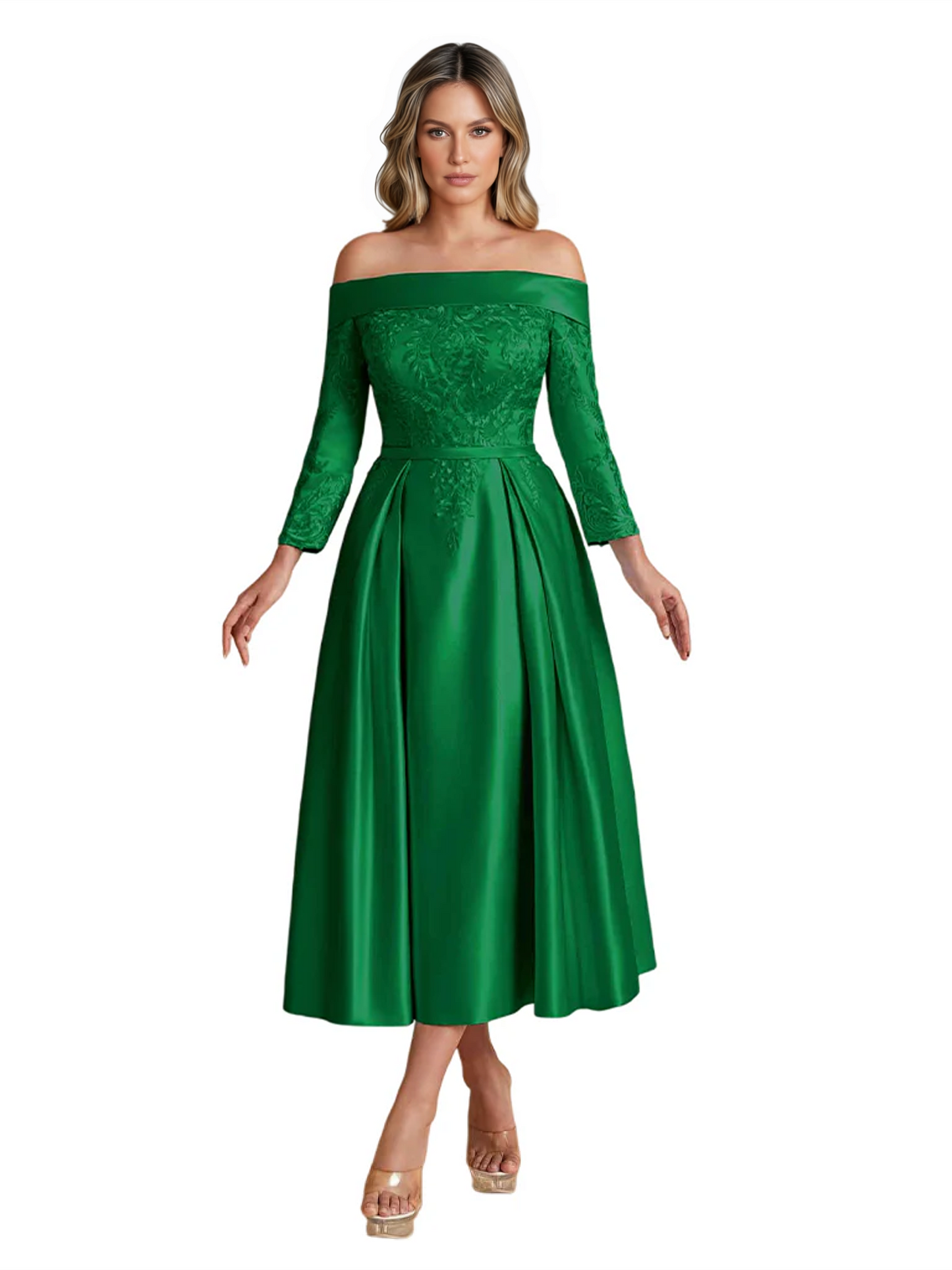 Off Shoulder Mother of the Bride Dress Tea-Length Satin Gown with Lace Applique