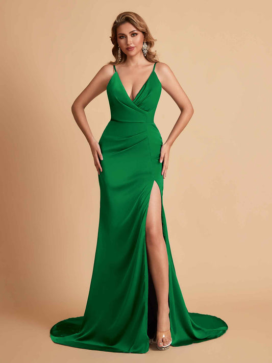 Elegant Satin Spaghetti Straps V-Neck Mermaid Side Slit Floor Length Bridesmaid Dresses