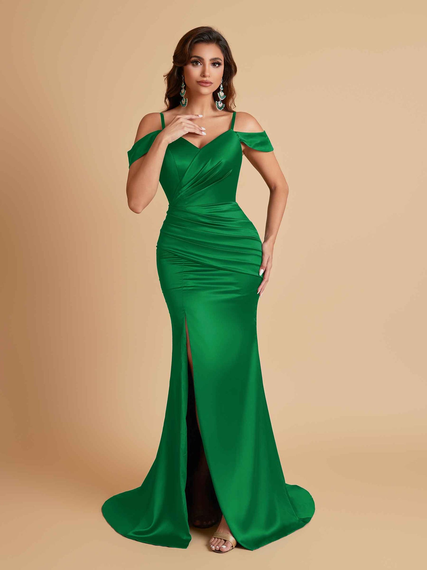 Sexy Soft Satin Mermaid Off Shoulder Side Slit Floor-Length Mermaid Bridesmaid Dresses