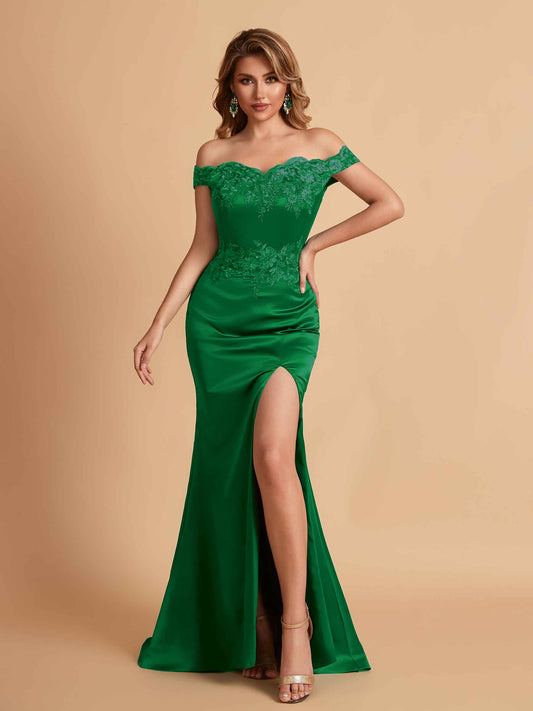 Elegant Satin Off Shoulder Mermaid Side Slit Floor Length Bridesmaid Dresses