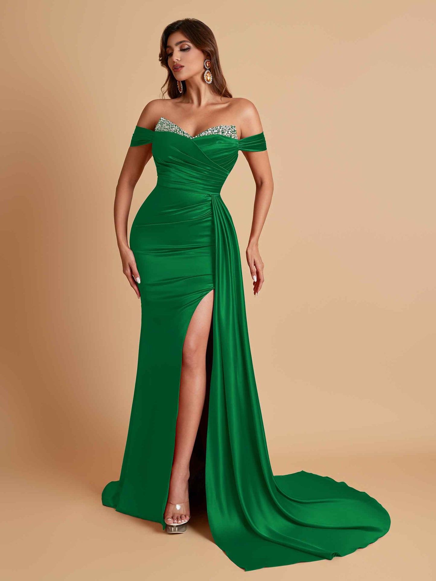 Gorgeous Soft Satin V-neck Off-the-Shoulder Side-Slit Mermaid Bridesmaid Dresses