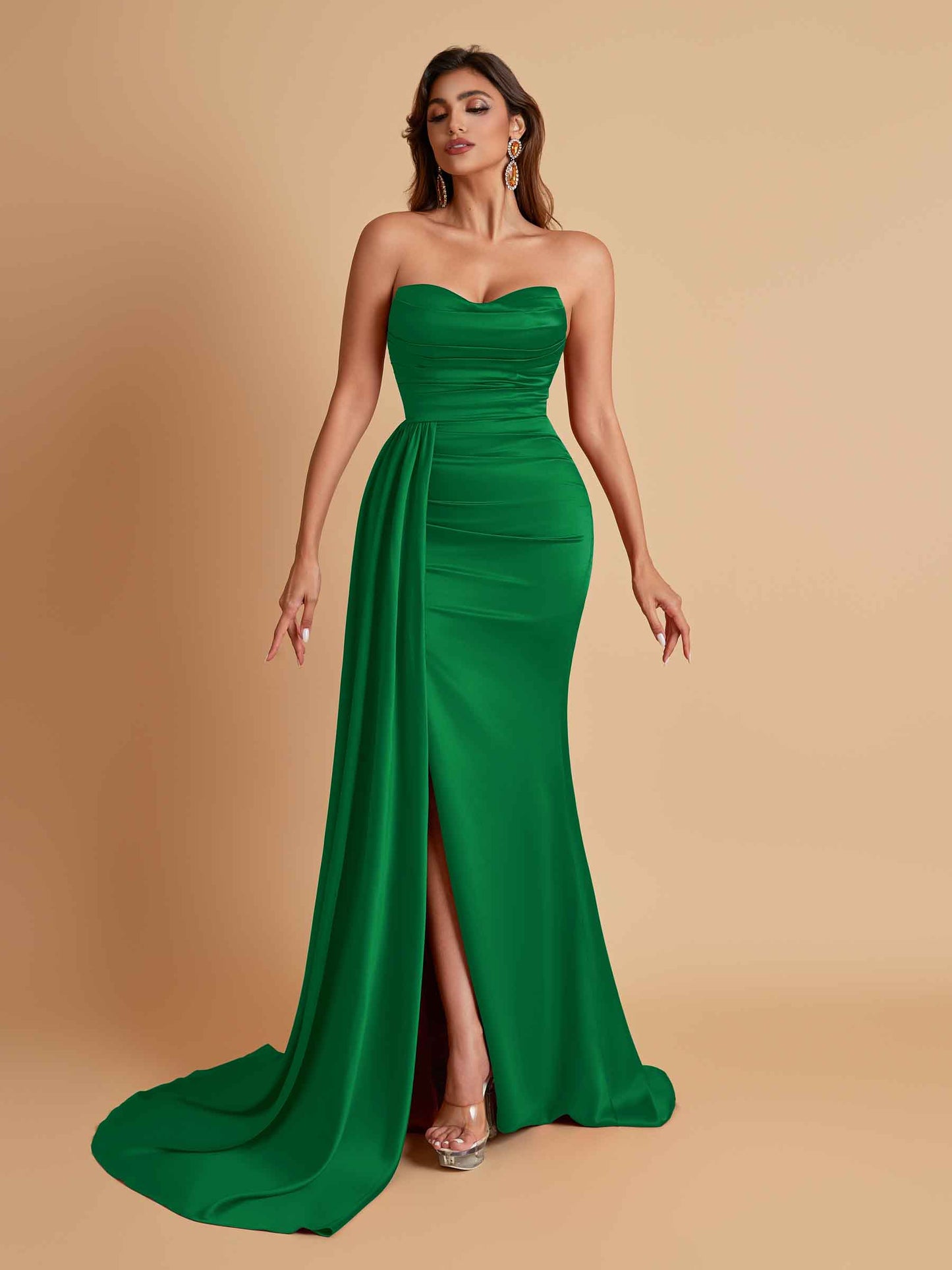 Elegant Soft Satin Sweetheart Strapless Side-Slit Mermaid Bridesmaid Dresses