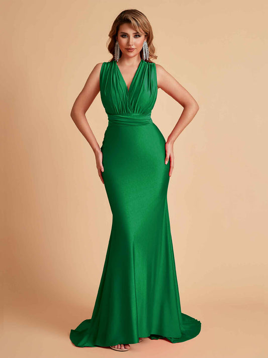 Sexy Convertible Jersey Pleats Mermaid Bridesmaid Dresses Floor Length Bridal Party Dresses