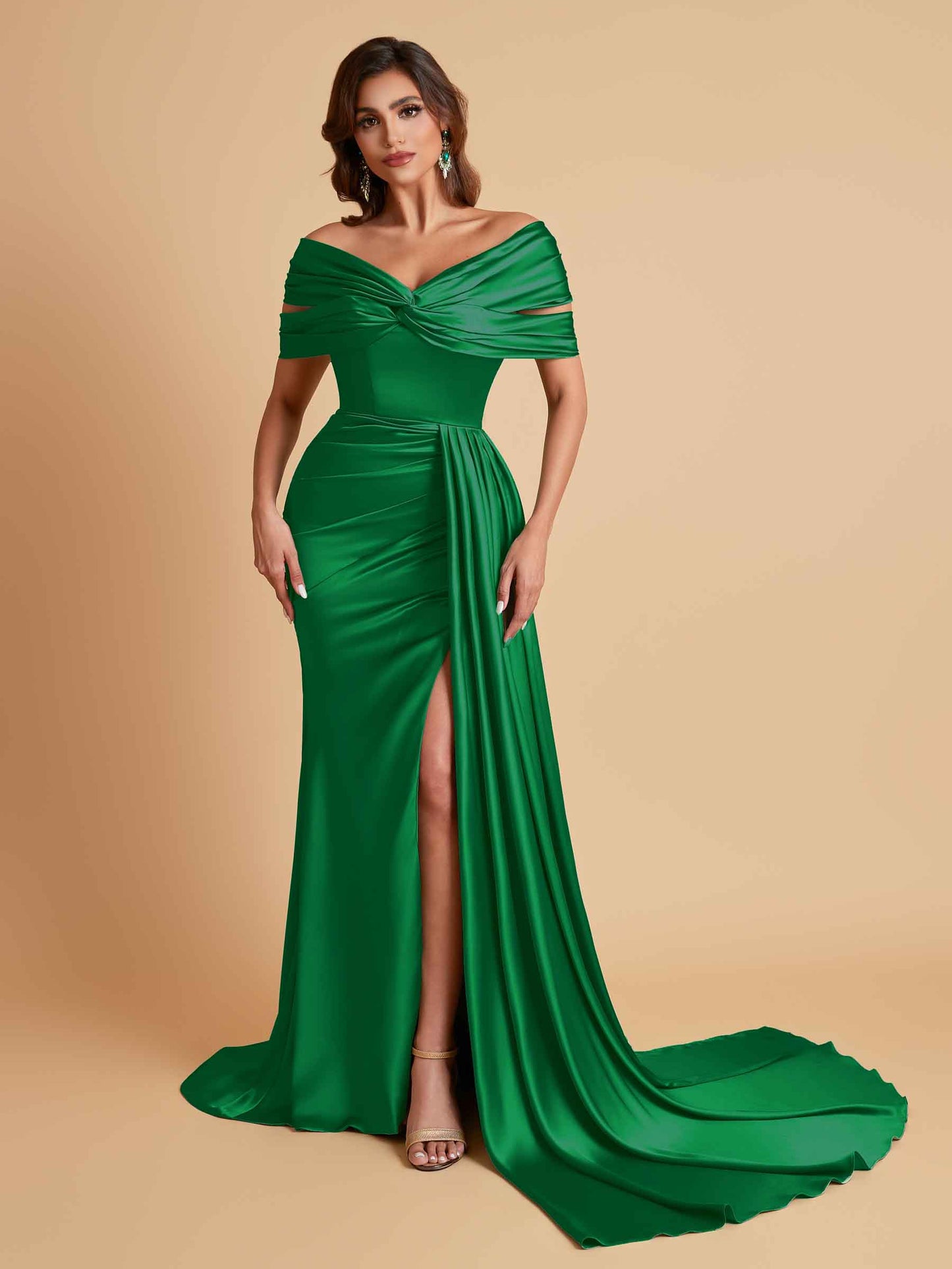 Elegant Soft Satin V-neck Off-the-Shoulder Side-Slit Mermaid Bridesmaid Dresses