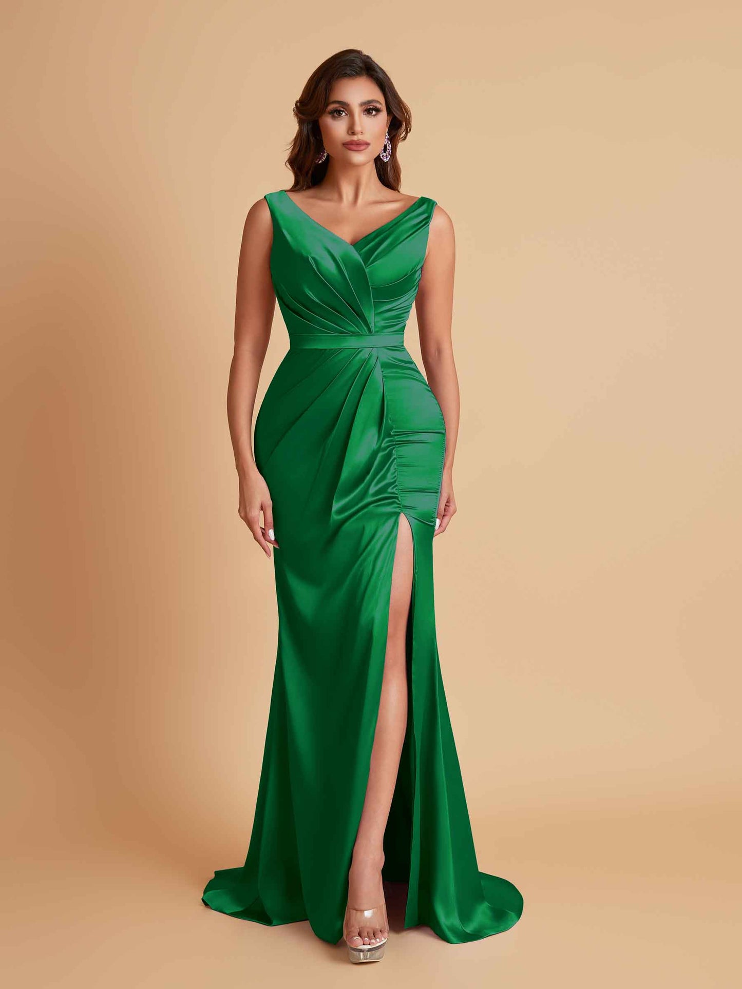 Elegant V Neck Soft Satin Side Slit Floor-Length Mermaid Bridesmaid Dresses