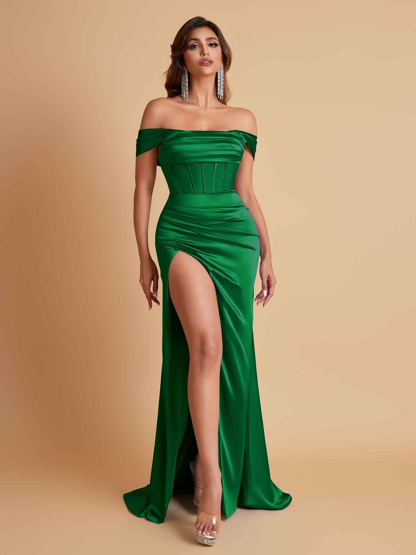 Sexy Off the Shoulder Soft Satin Side Slit Floor-Length Mermaid Bridesmaid Dresses