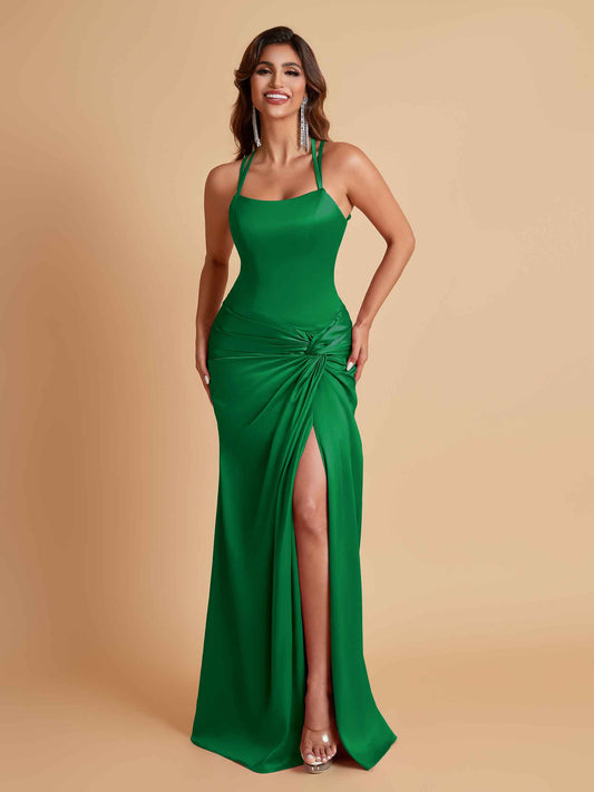 Gorgeous Square Criss Cross Soft Satin Side Slit Floor-Length Mermaid Bridesmaid Dresses