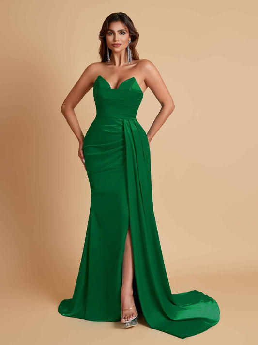 Gorgeous Strapless Soft Satin Side Slit Floor-Length Mermaid Bridesmaid Dresses