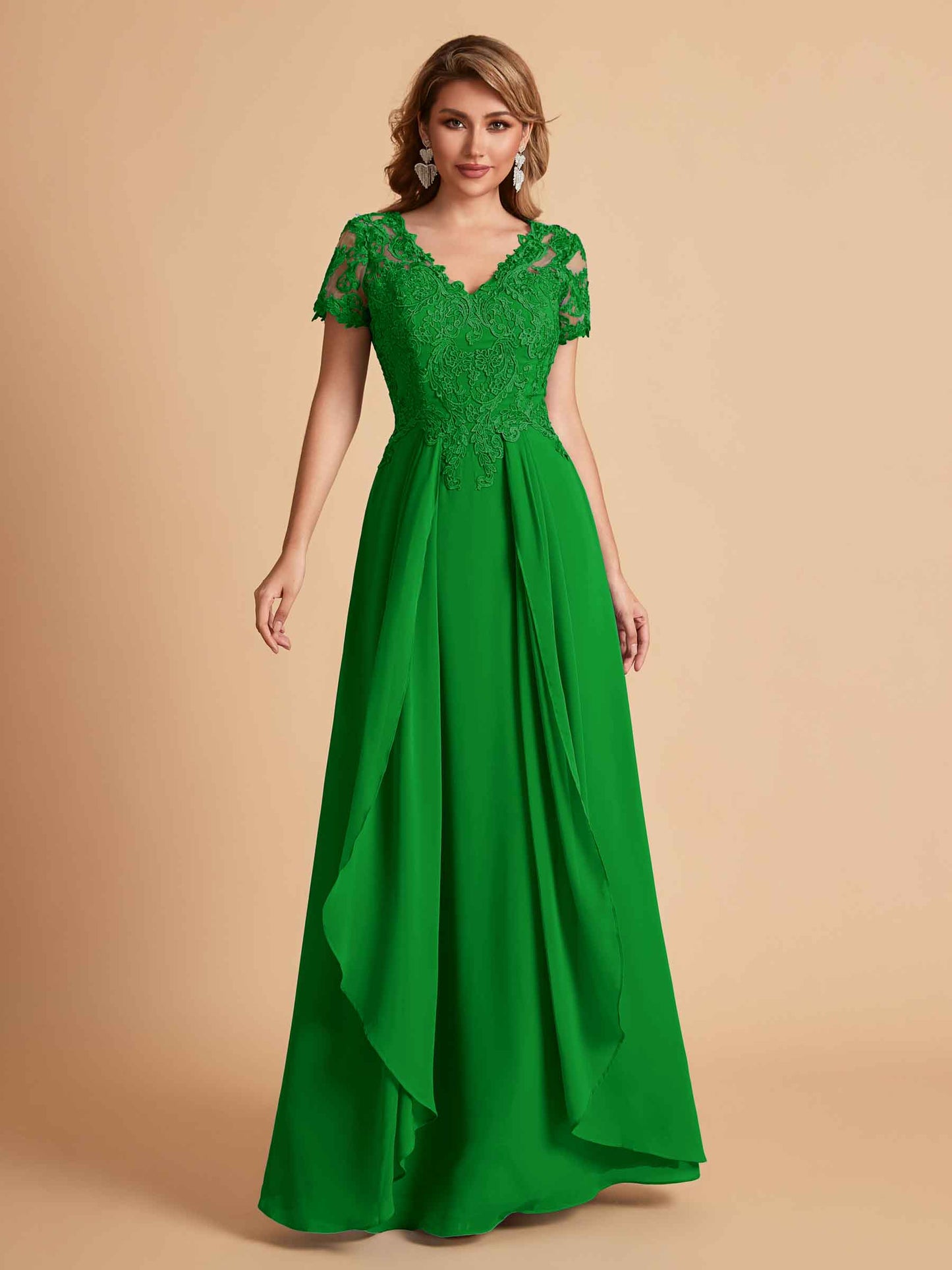Elegant A-Line Chiffon Short Sleeves V-neck Mother of the Brides Dresses Lace Top MOB Dresses
