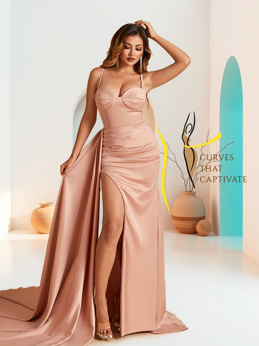 Sexy Satin Sheath Bridesmaid Dresses Spaghetti Straps Sweetheart Side Slit With Train