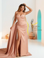 Sexy Satin Sheath Bridesmaid Dresses Spaghetti Straps Sweetheart Side Slit With Train