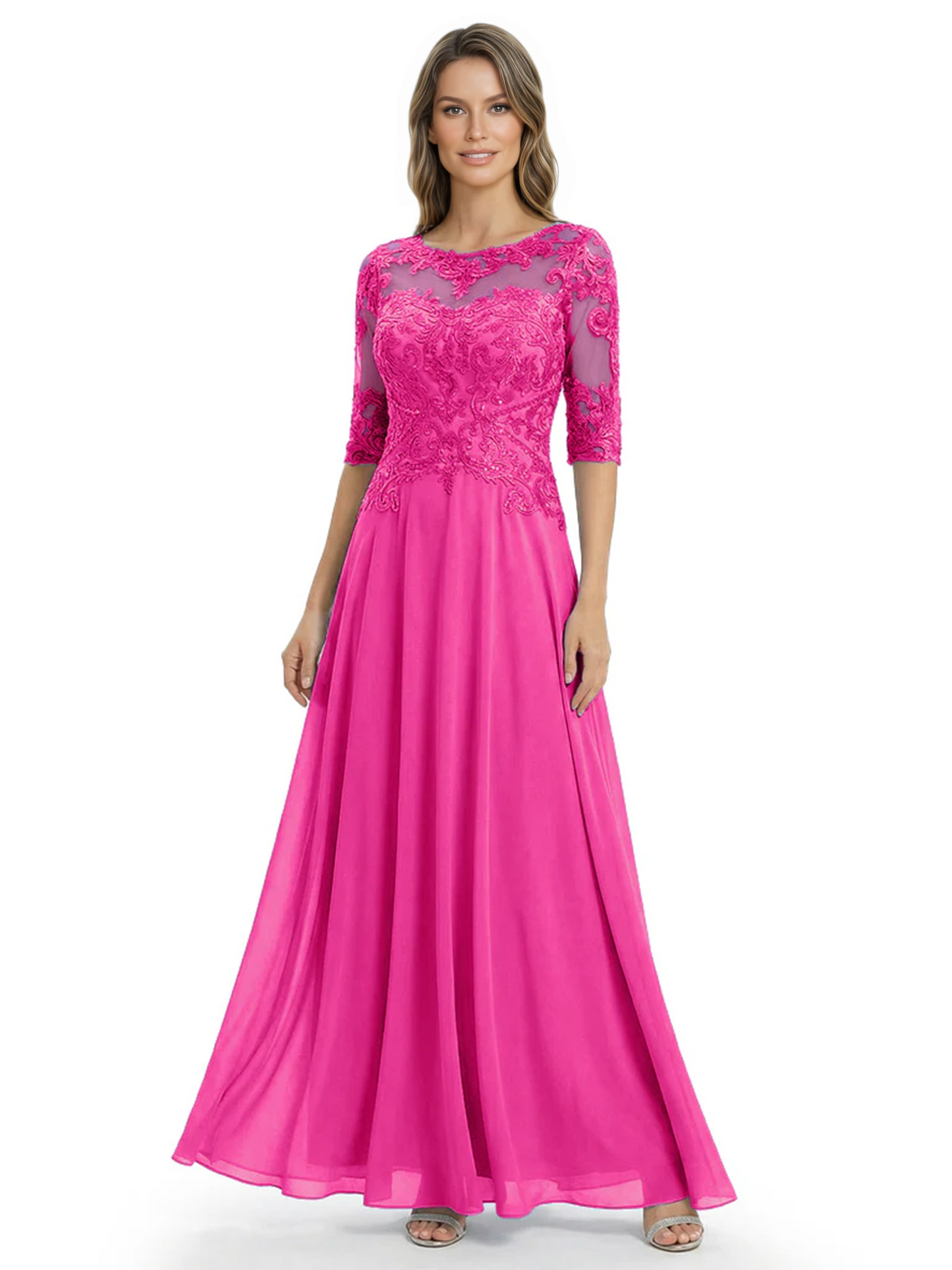 Illusion Neck Mother of the Bride Dress Half Sleeve Lace Applique Gowns Chiffon