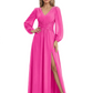 A-Line Mother of Bride Dress V-Neck Chiffon Gown Long Sleeves Slit Formal Dress