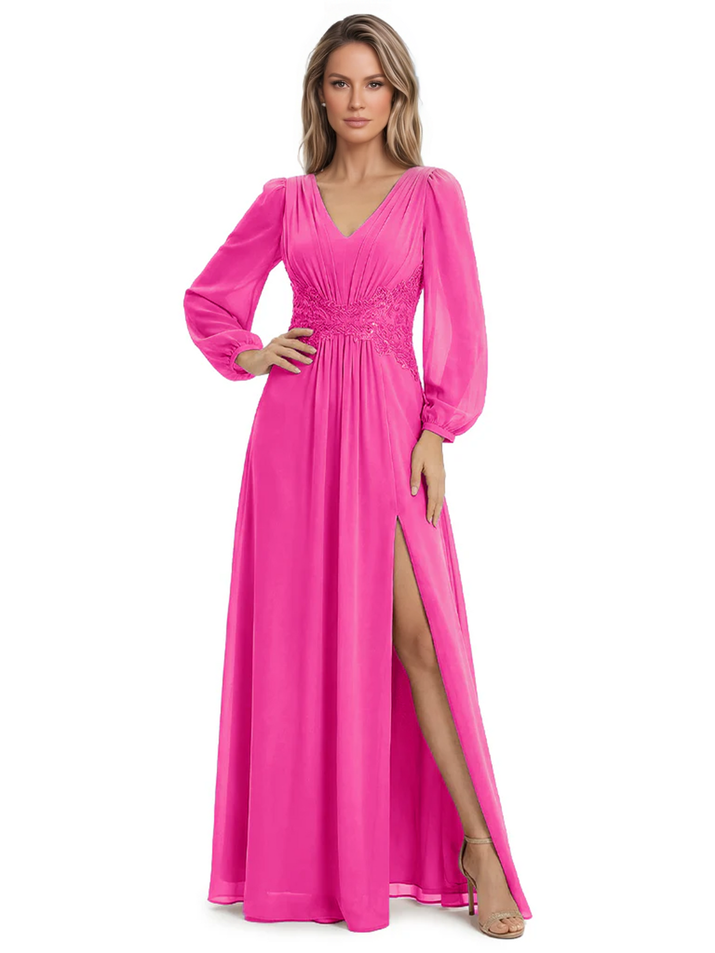 A-Line Mother of Bride Dress V-Neck Chiffon Gown Long Sleeves Slit Formal Dress