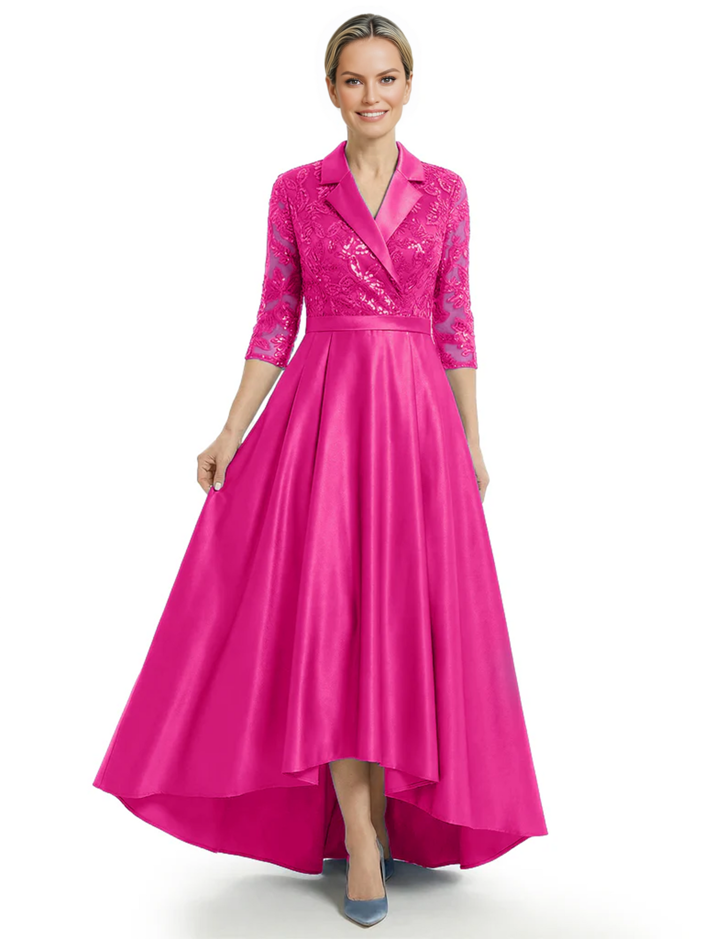 Elegant Mother of Bride Dress Evening Gowns Trending Styles with Lapel Collar 3/4 Sleeves