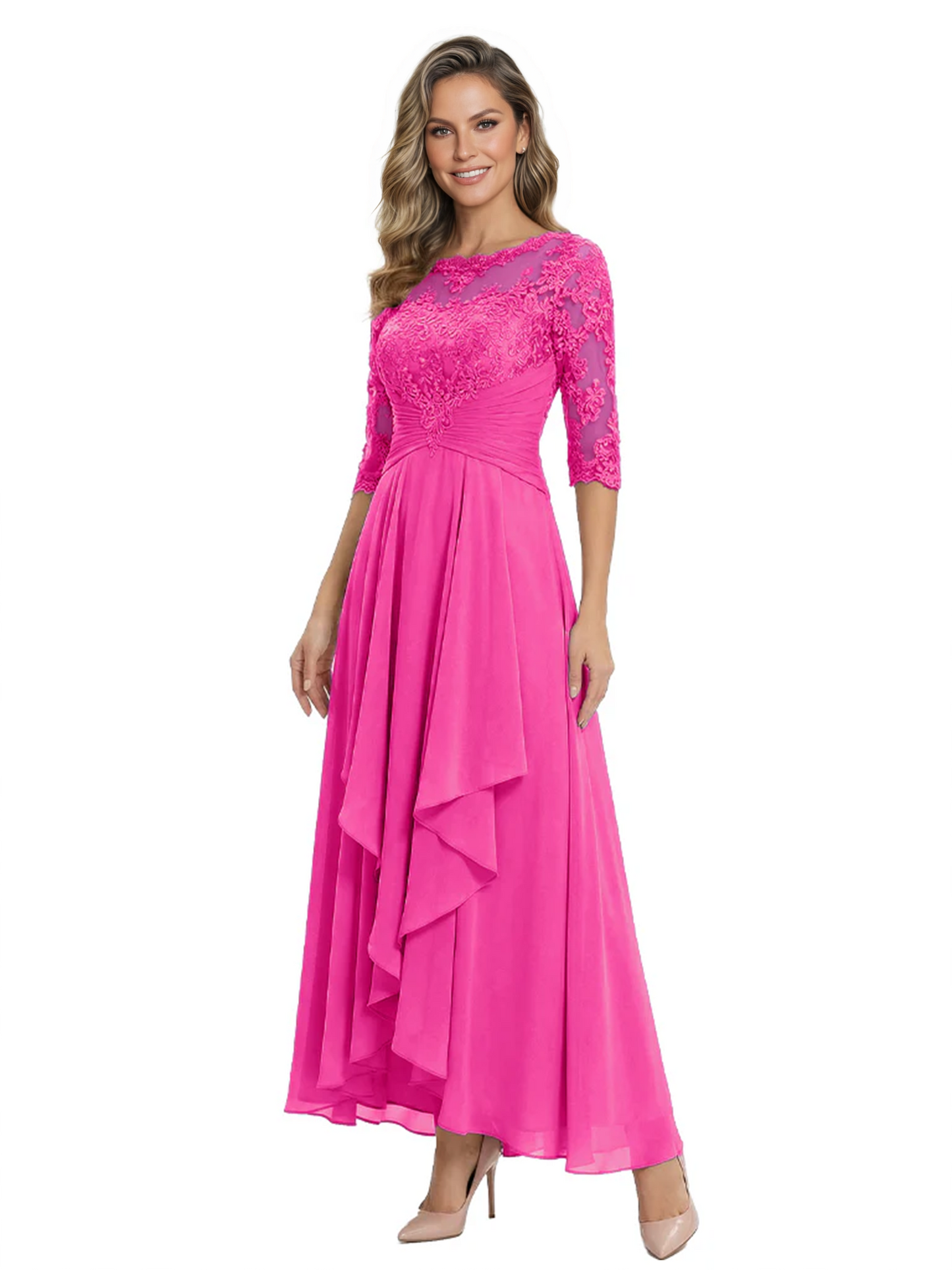 3/4 Sleeve Mother of the Bride Dress with Lace Embroidery High-Low Hem 2026