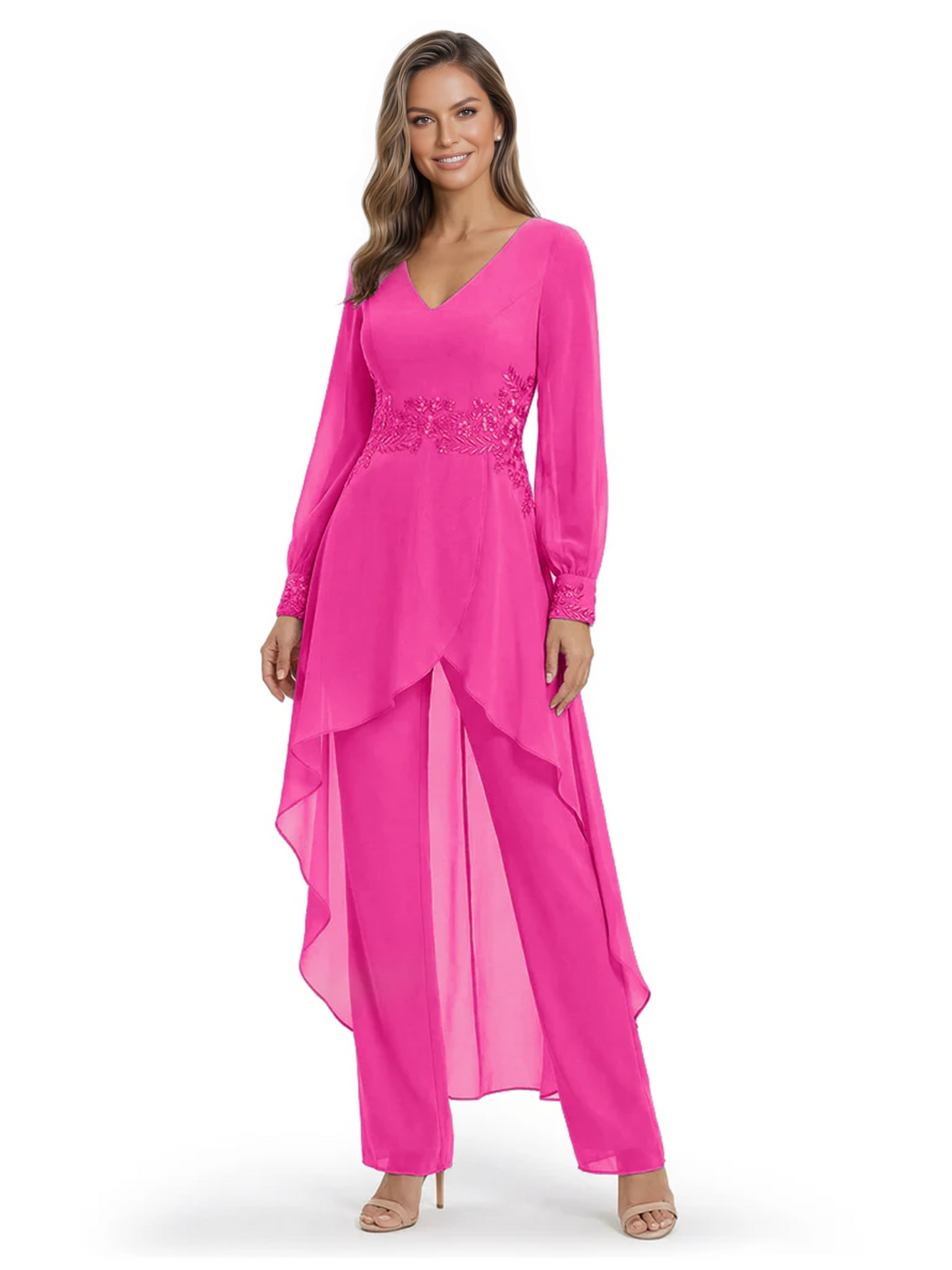 Luxury Black Formal Trousers Set High-Low Chiffon Top with Sparkling Beaded Detail