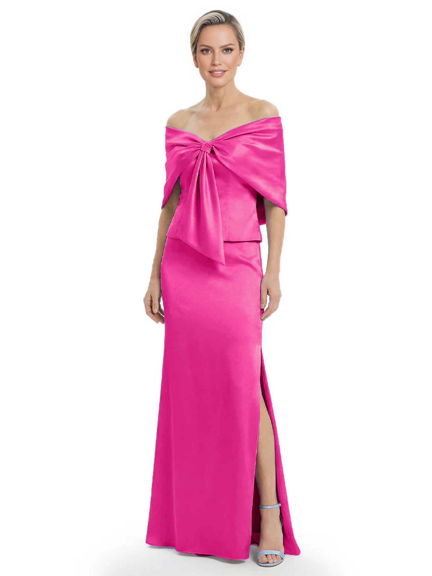 Formal Floor-Length Mother of the Bride Gown Satin Maxi Dress with Bow Neckline