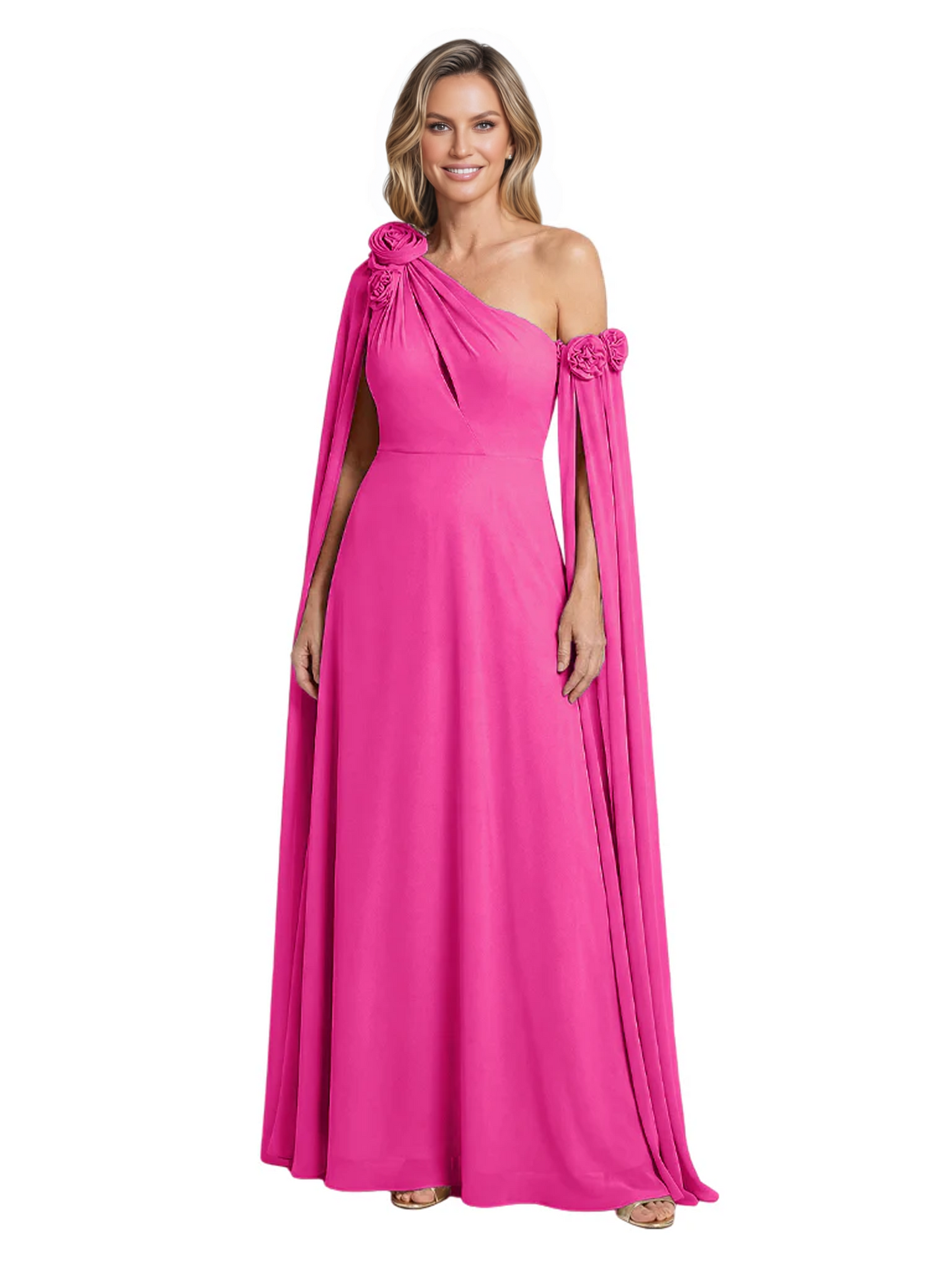One Shoulder Mother of the Bride Dress Asymmetrical Cape Sleeve Gown with Floral