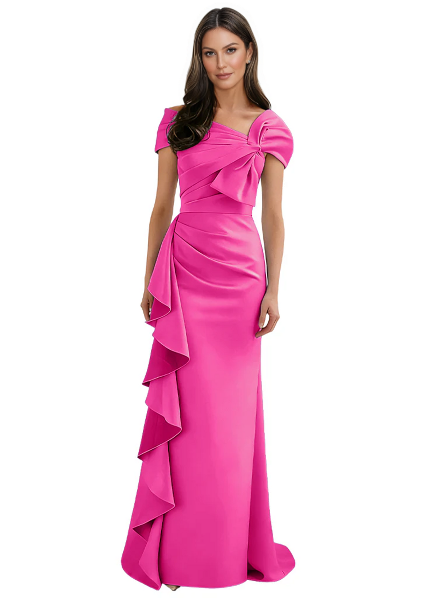 Elegant Mother of Bride Dress Formal Gowns Mermaid Ruffle Floor Length Asymmetric Neckline