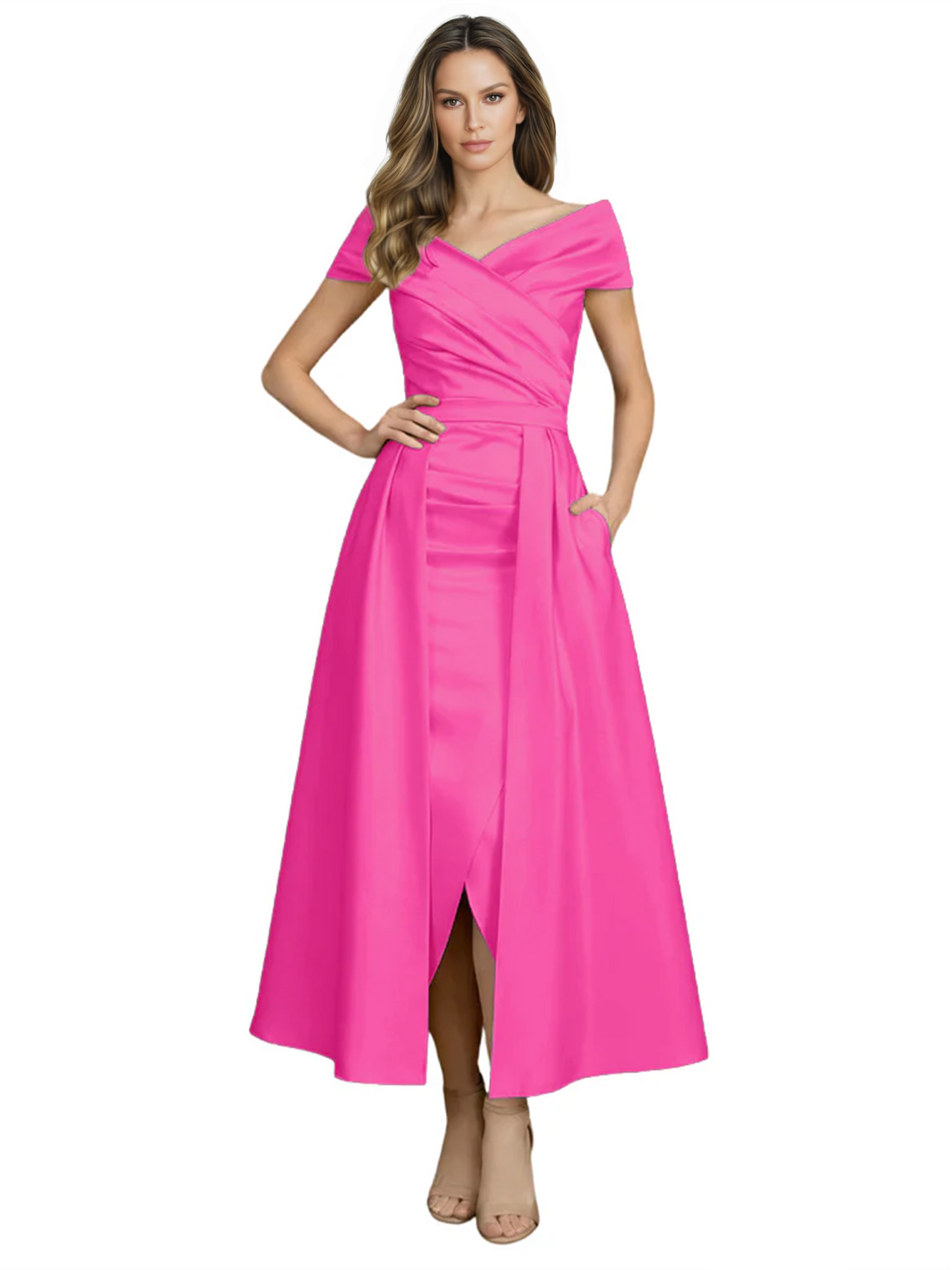 Formal Floor-Length Mother of the Bride Gown Satin Maxi Dress with Slit Off Shoulder