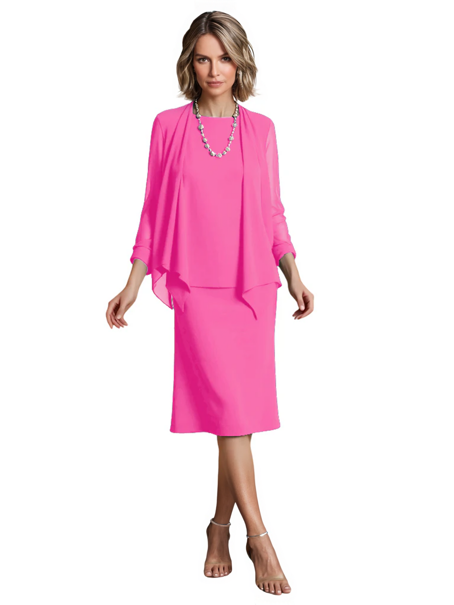 3 PCS Knee-Length Mother of Bride Dresses Prom Dress Evening Dress with Sheer Sleeves and Jacket