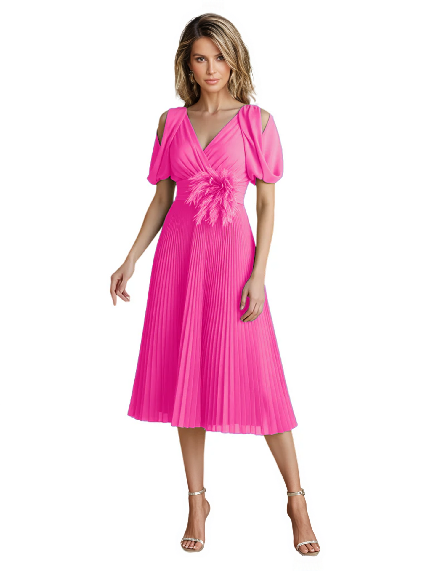 Wedding Formal Dress V-Neck Pleated Chiffon Gown with 3D Flower Accent Knee Length