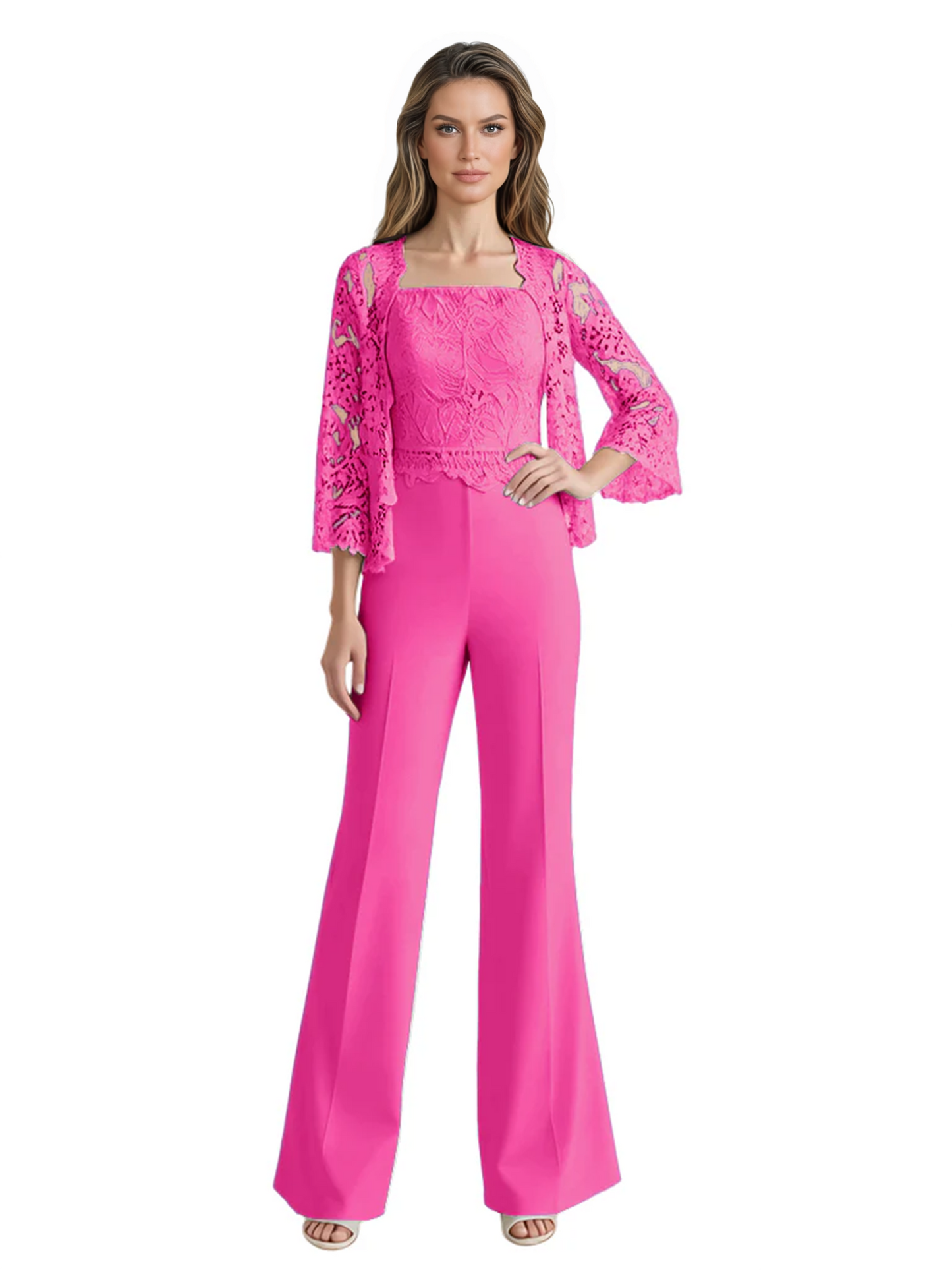 Mother of the Bride Jumpsuit with Lace Jacket 3/4 Sleeve Formal Pant Suit