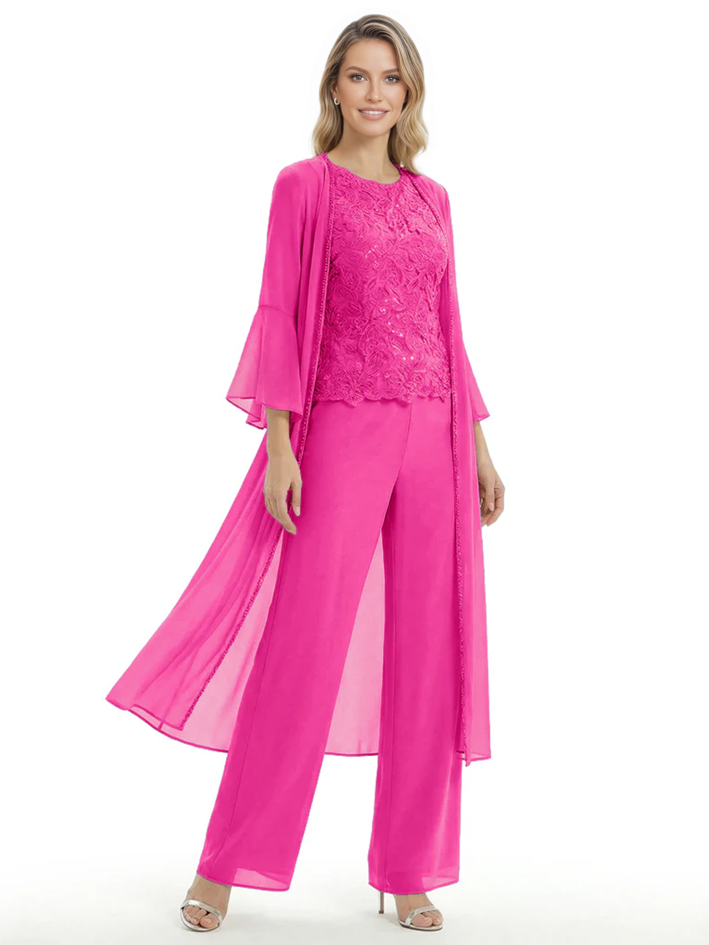 Elegant Pink 3-Piece Pant Set Trending 2026 Styles with Lace Wide-Leg Pants
